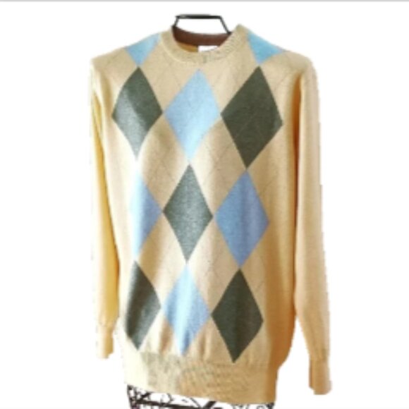 Statements Silky & Cashmere Argyle Print Sweater Crew Neck Size M Yellow Blue - Picture 1 of 17